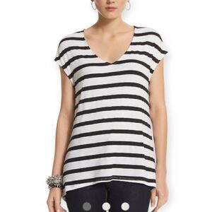 WHITE HOUSE BLACK MARKET HIGH-LOW SPLIT BACK BLACK & WHITE STRIPE TOP SZ.XS EUC